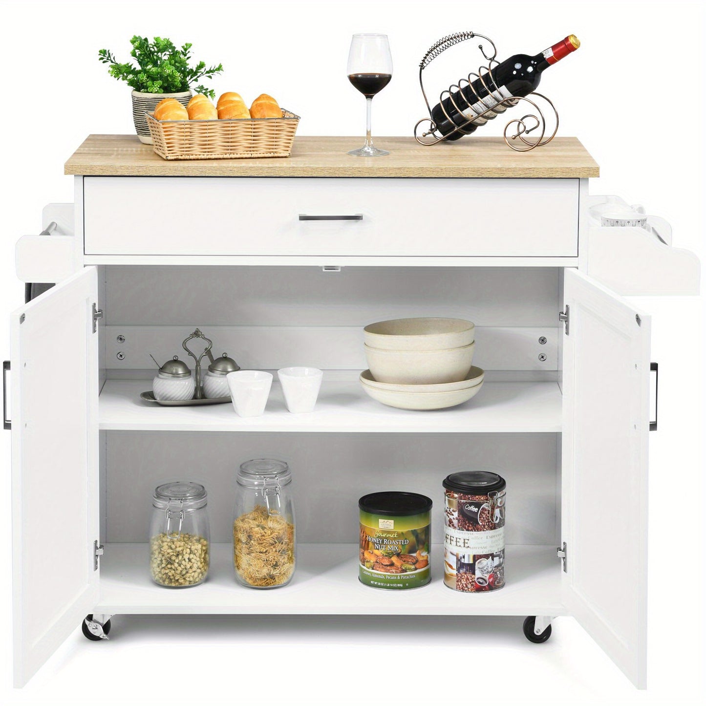 Keukentrolley – Serveerwagen – Opbergtrolley – Werktafel – Keukenwagen – Met Laden En Verstelbare Plank – Wit MDF – 116x40x85 cm – 4 Wieltjes Met Rem
