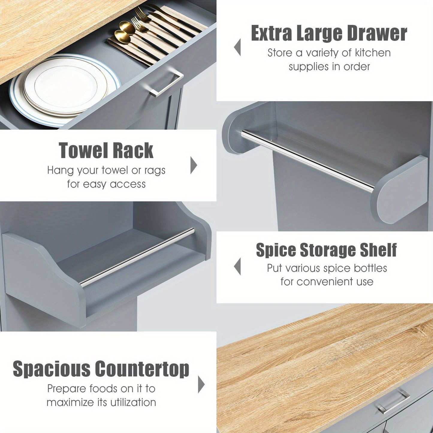 Keukentrolley – Keukenwagen – Serveerwagen – Roltafel – Opbergwagen – Grijs – Verstelbare Plank – 116x40 cm Werkblad