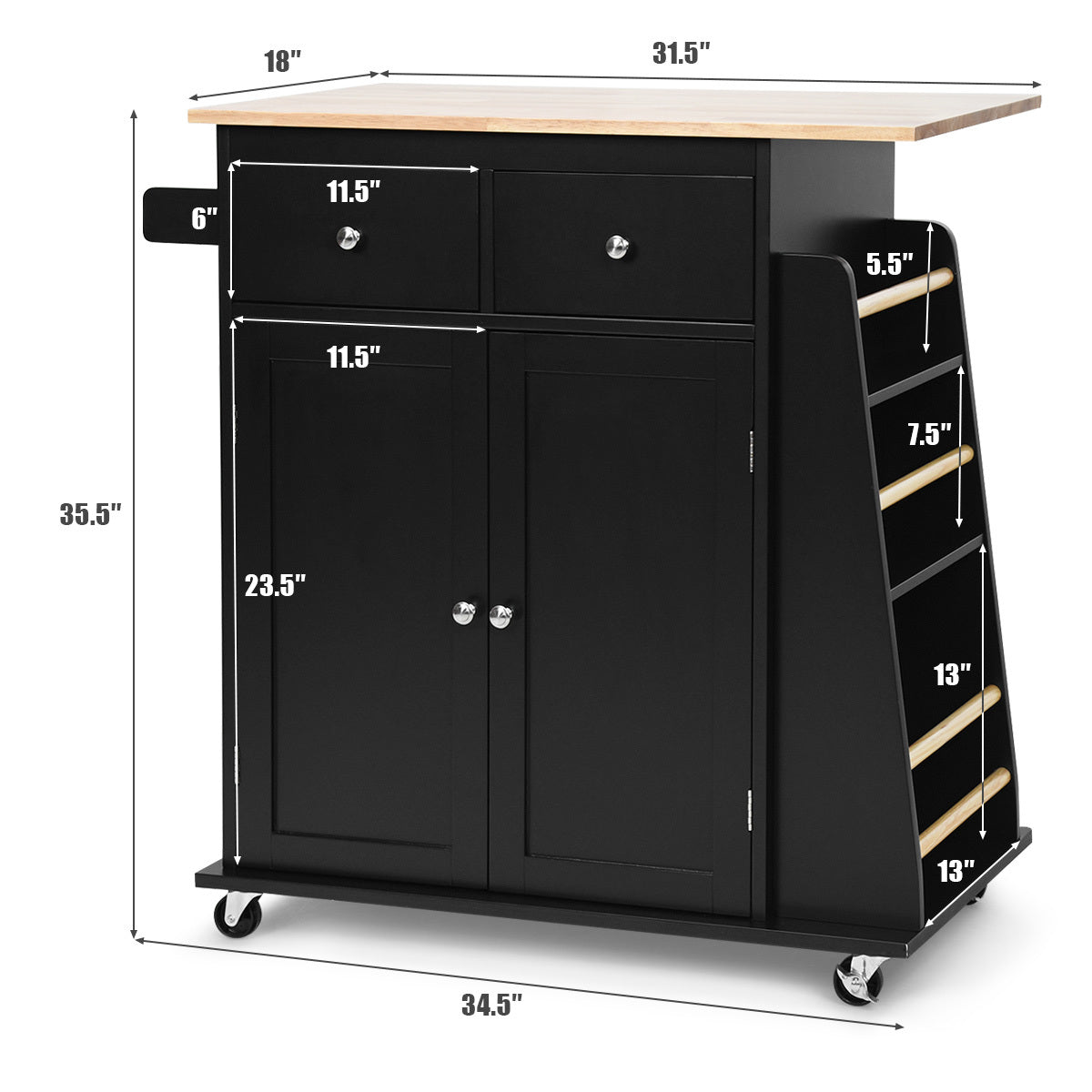 Keukentrolley – Keukenwagen – Serveerwagen – Opbergtrolley – Rolwagen – Zwart Metaal & Hout – Wieltjes met Rem – Compact & Stevig