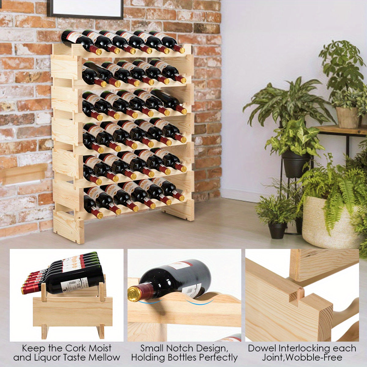 Wijnrek – Flessenrek – Wijnstandaard – Flessenhouder – Wijnkast – Houten wijnrek – 36 Flessen – 6 Laags – Stapelbaar – Stevig Dennenhout – 63x25x85 cm