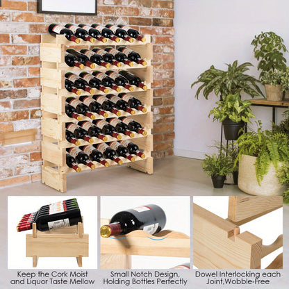 Wijnrek – Flessenrek – Wijnstandaard – Flessenhouder – Wijnkast – Houten wijnrek – 36 Flessen – 6 Laags – Stapelbaar – Stevig Dennenhout – 63x25x85 cm