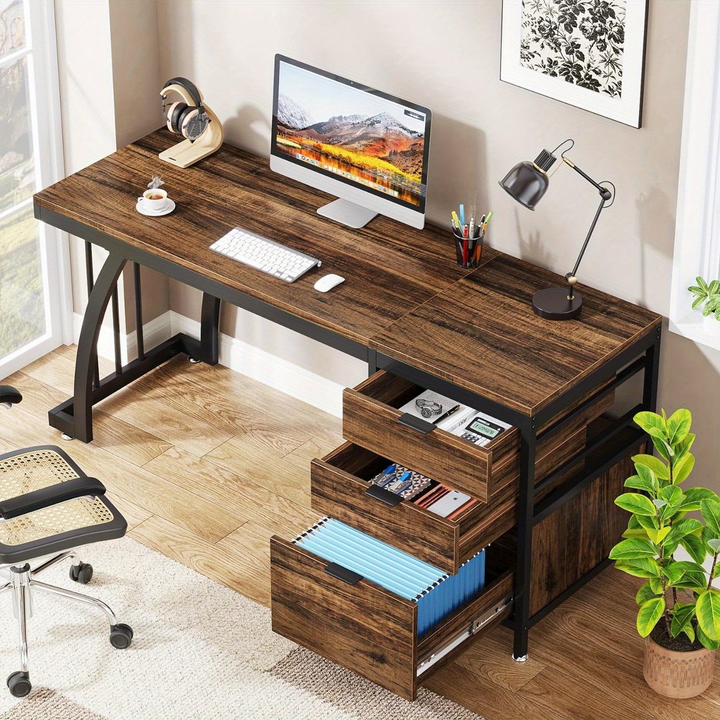 Industriële Computerbureau – Bureaublad – Werkplek – Bureau – Schrijftafel – Rustiek Bruin – 150 cm Breed – 3 Omkeerbare Laden met Opbergruimte