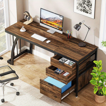 Industriële Computerbureau – Bureaublad – Werkplek – Bureau – Schrijftafel – Rustiek Bruin – 150 cm Breed – 3 Omkeerbare Laden met Opbergruimte