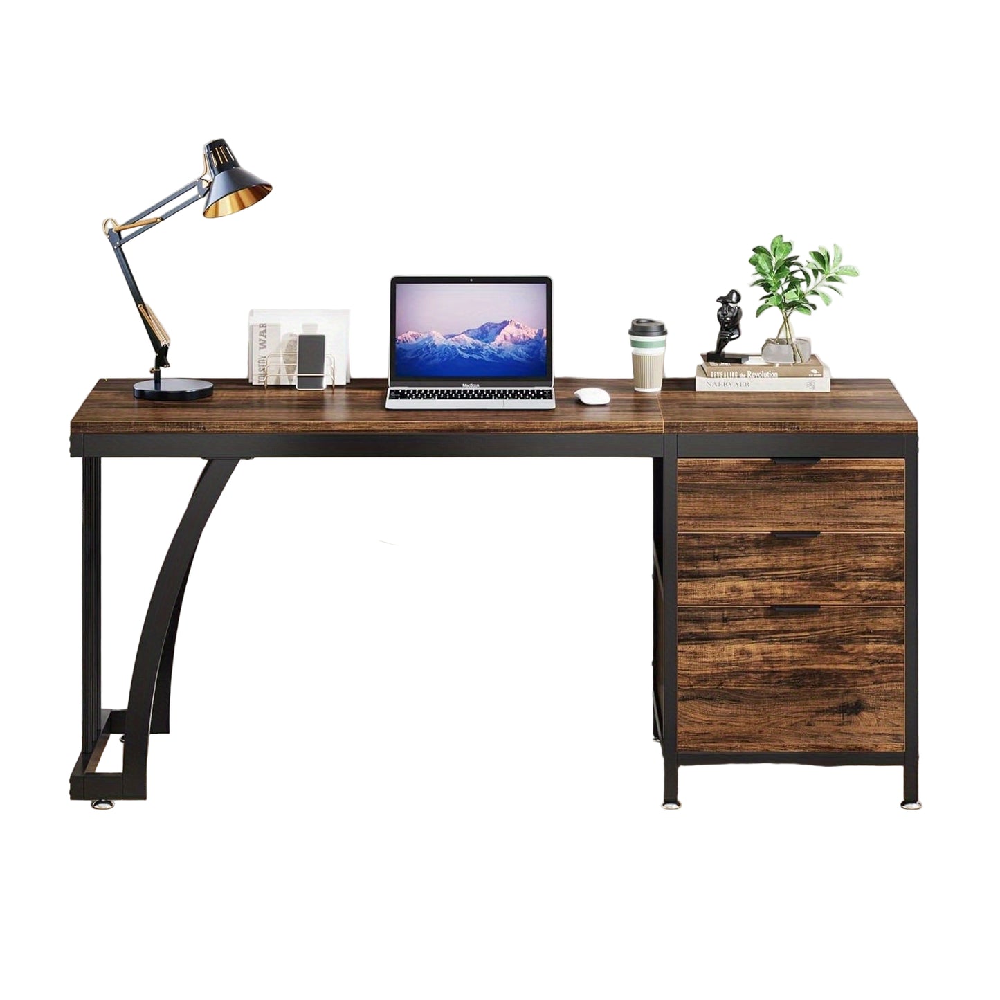 Industriële Computerbureau – Bureaublad – Werkplek – Bureau – Schrijftafel – Rustiek Bruin – 150 cm Breed – 3 Omkeerbare Laden met Opbergruimte