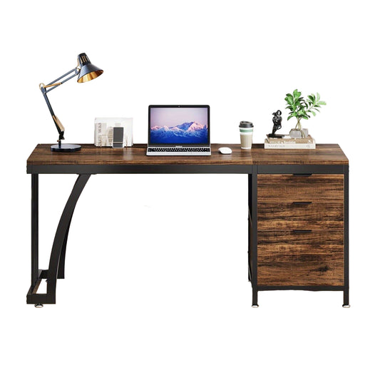 Industriële Computerbureau – Bureaublad – Werkplek – Bureau – Schrijftafel – Rustiek Bruin – 150 cm Breed – 3 Omkeerbare Laden met Opbergruimte