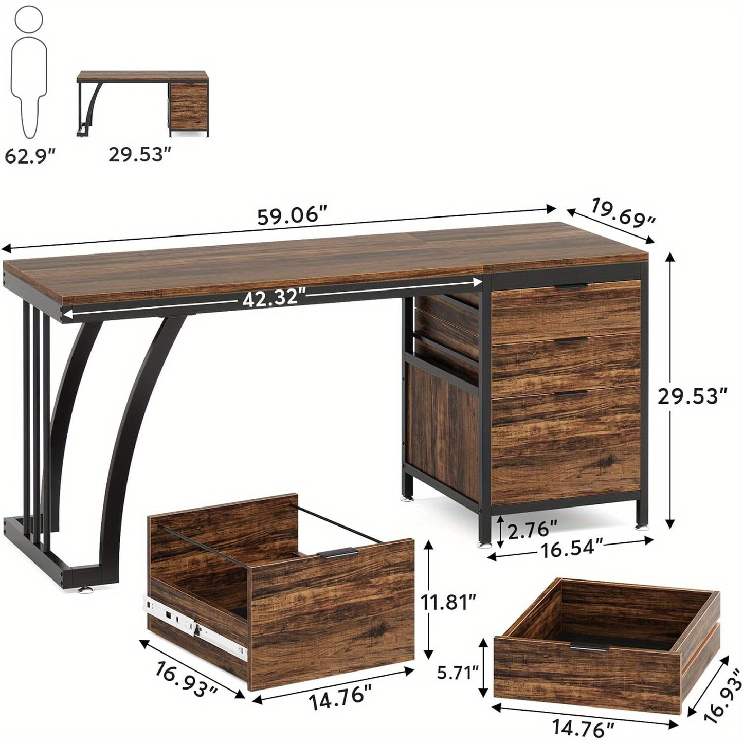 Industriële Computerbureau – Bureaublad – Werkplek – Bureau – Schrijftafel – Rustiek Bruin – 150 cm Breed – 3 Omkeerbare Laden met Opbergruimte