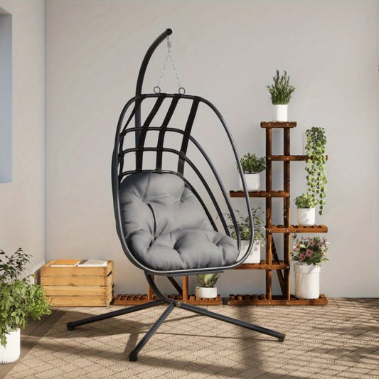 Hangstoel – Hangstoel Met Standaard – Tuinstoel – Binnen Hangstoel – Buiten Hangstoel – Antraciet Stalen Frame – Open Rugleuning – Eenvoudige Montage