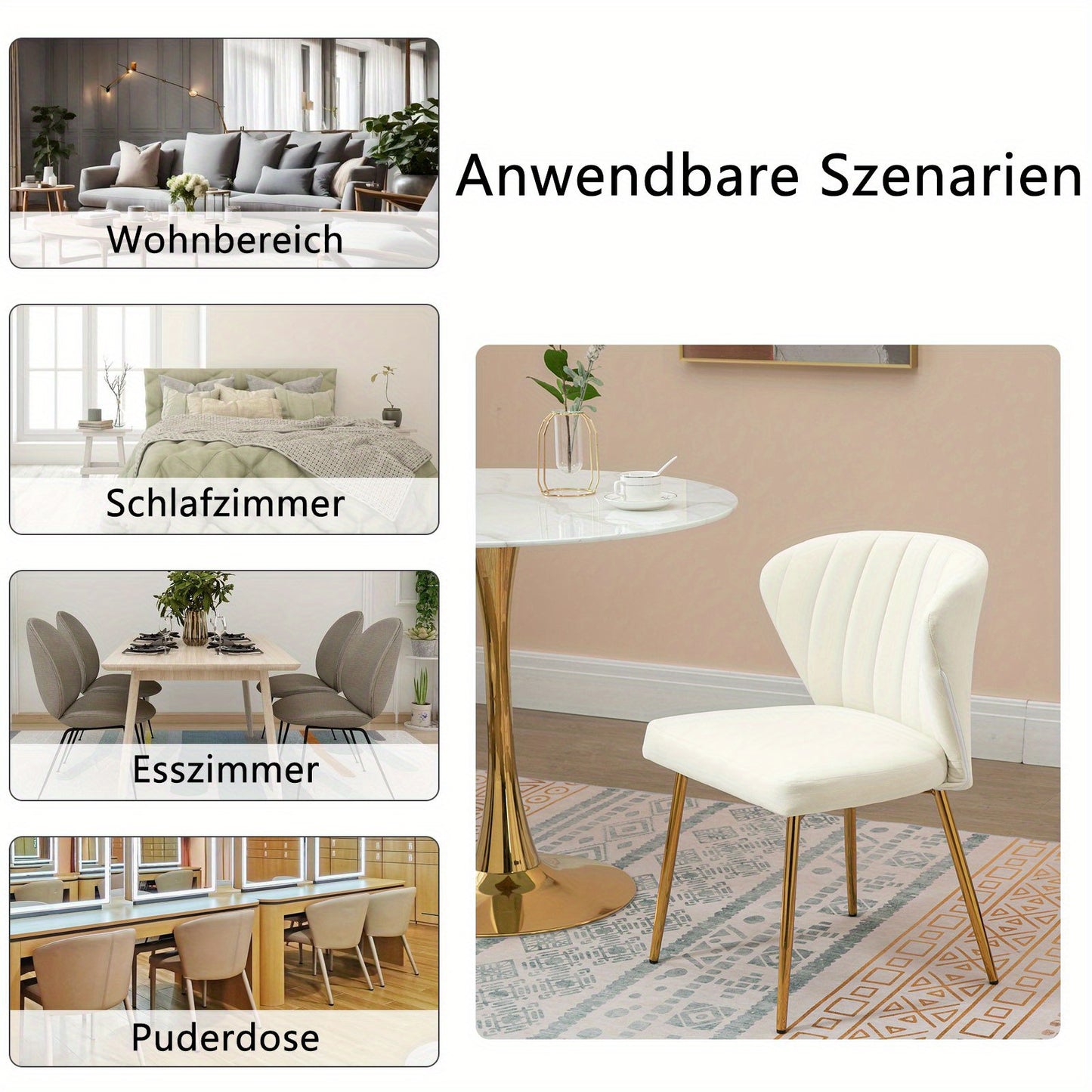 Eetkamerstoelen – Moderne Stoelen – Velours Stoel – Zithoek Stoel – Witte Stoelen Set 2 – Zachte Velvet Bekleding – Gouden Metalen Poten