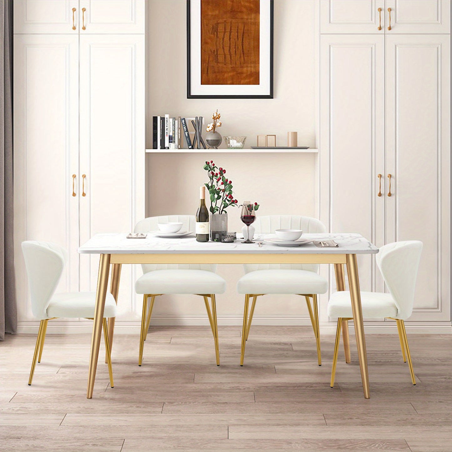 Eetkamerstoelen – Moderne Stoelen – Velours Stoel – Zithoek Stoel – Witte Stoelen Set 2 – Zachte Velvet Bekleding – Gouden Metalen Poten