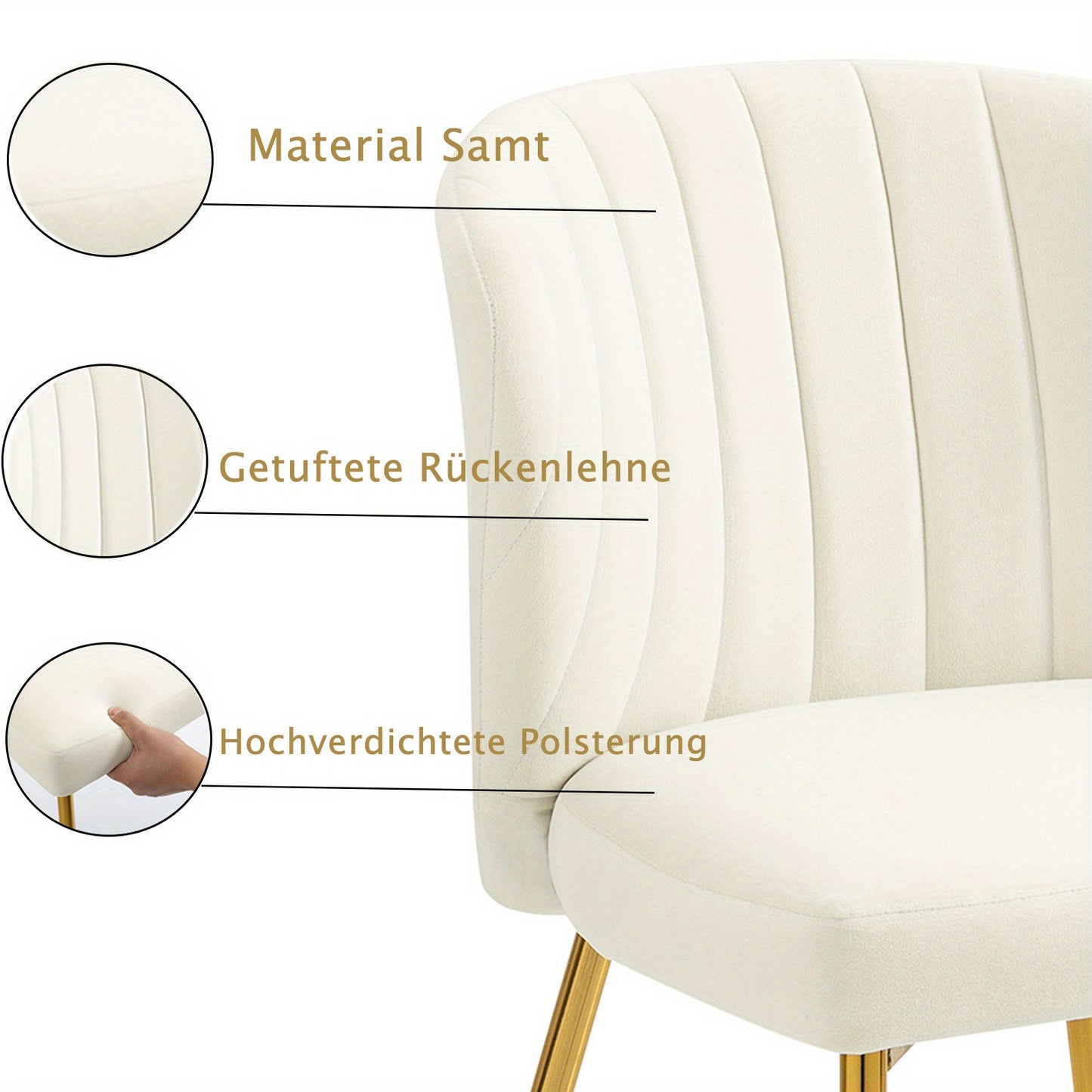 Eetkamerstoelen – Moderne Stoelen – Velours Stoel – Zithoek Stoel – Witte Stoelen Set 2 – Zachte Velvet Bekleding – Gouden Metalen Poten