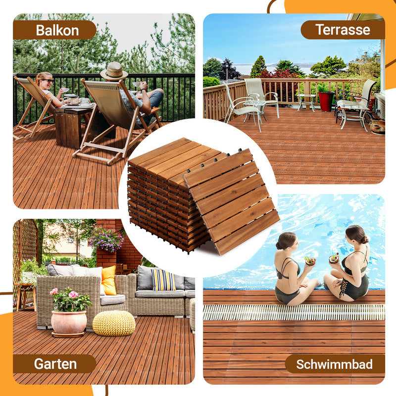 Terrace Tiles Decking Tiles 30 x 30 cm Tiles Balcony Tiles, Brown for Balcony, Garden, Saunas, Swimming Pools Wooden Floor with 6 Slats/12 Slats, Set of 11/22/33 Tiles for 1 m²/2 m²/3 m²