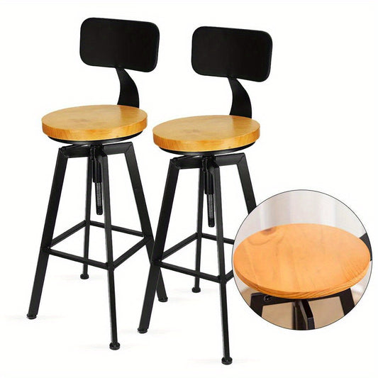 Set of 2 Industrial Style Bar Stools with Metal Frame and Wooden Seat, Height Adjustable from 64 to 84cm, Perfect for Home Bars, Kitchen Counters, and Dining Areas, Stylish and Durable Design for Modern Interiors