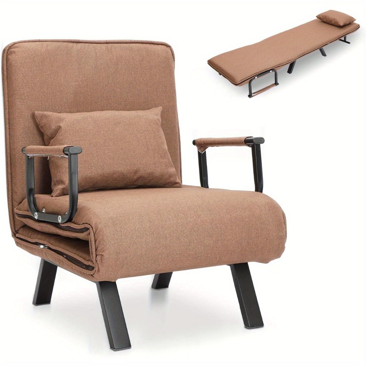 Inklapbare Slaapfauteuil – Slaapstoel – Slaapbank – Relaxfauteuil – Bedbank – Multifunctioneel – Afneembare Kussenhoes – Opvouwbare Metalen Poten – Warm Bruin