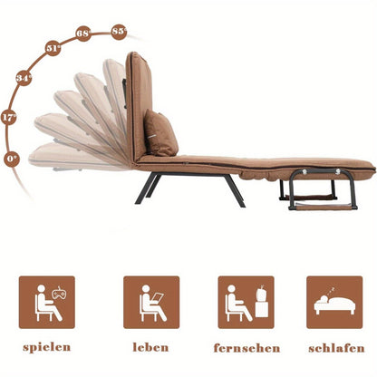 Inklapbare Slaapfauteuil – Slaapstoel – Slaapbank – Relaxfauteuil – Bedbank – Multifunctioneel – Afneembare Kussenhoes – Opvouwbare Metalen Poten – Warm Bruin