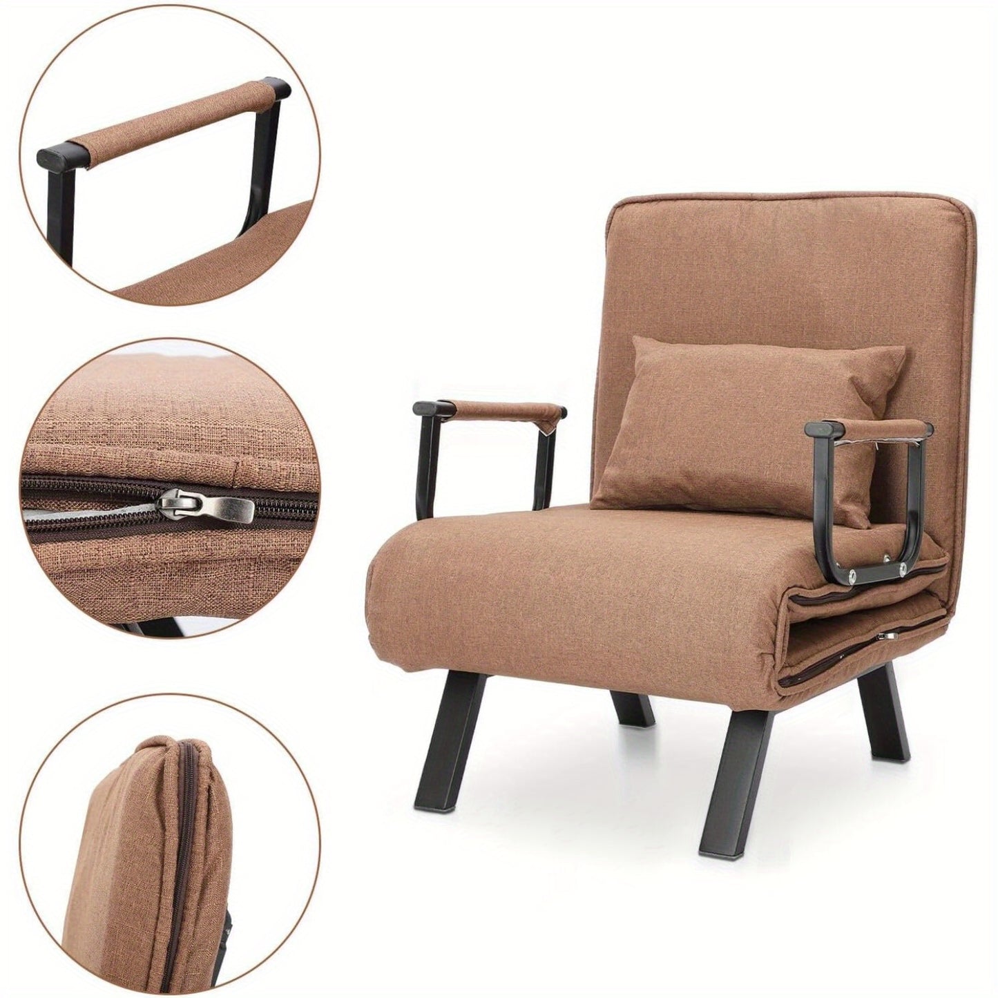 Inklapbare Slaapfauteuil – Slaapstoel – Slaapbank – Relaxfauteuil – Bedbank – Multifunctioneel – Afneembare Kussenhoes – Opvouwbare Metalen Poten – Warm Bruin