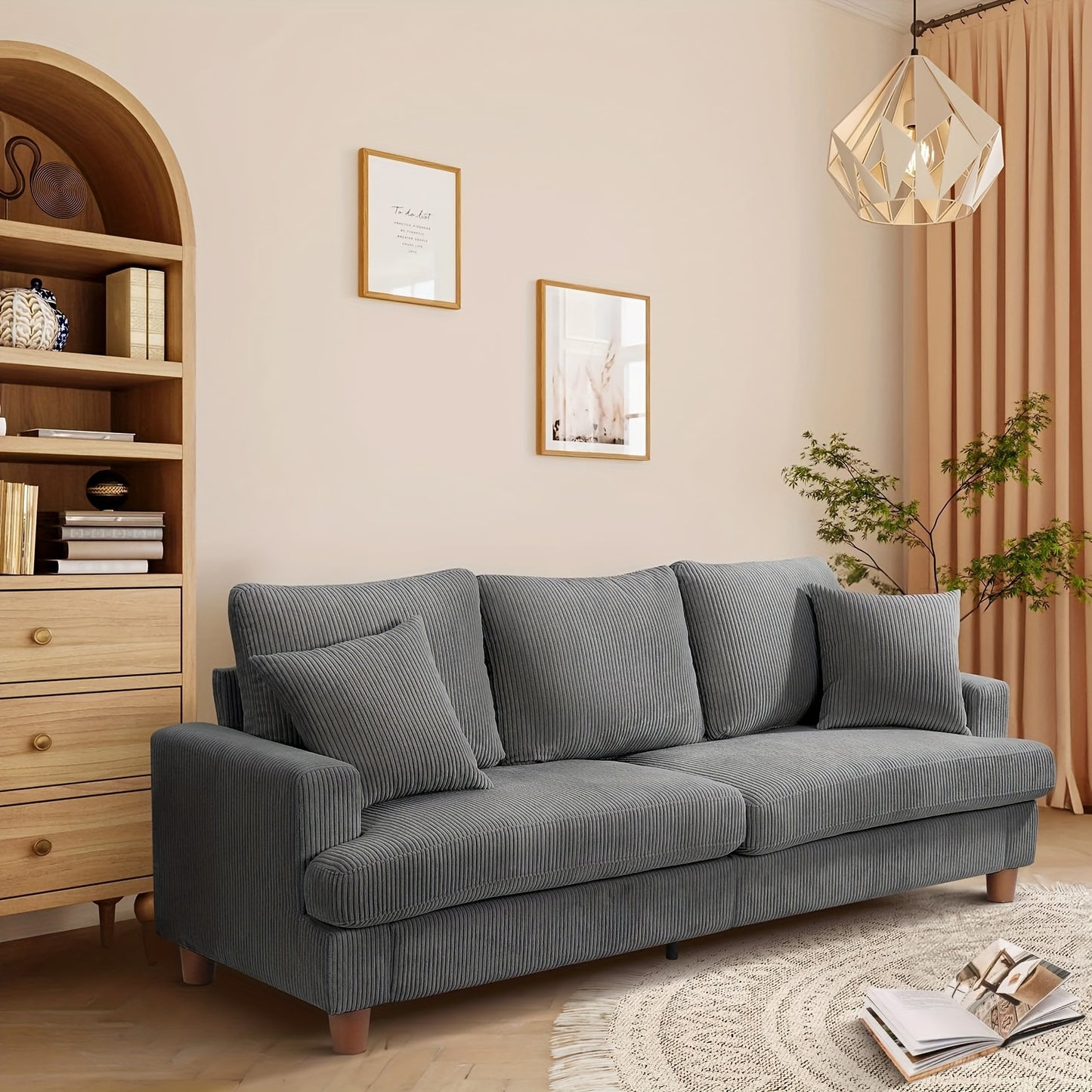 Bank – 3-zitsbank – Slaapbank – Zitbank – Loveseat – Corduroy Stof – Comfortabele Zitdiepte 53 cm – Stevig Houten Frame