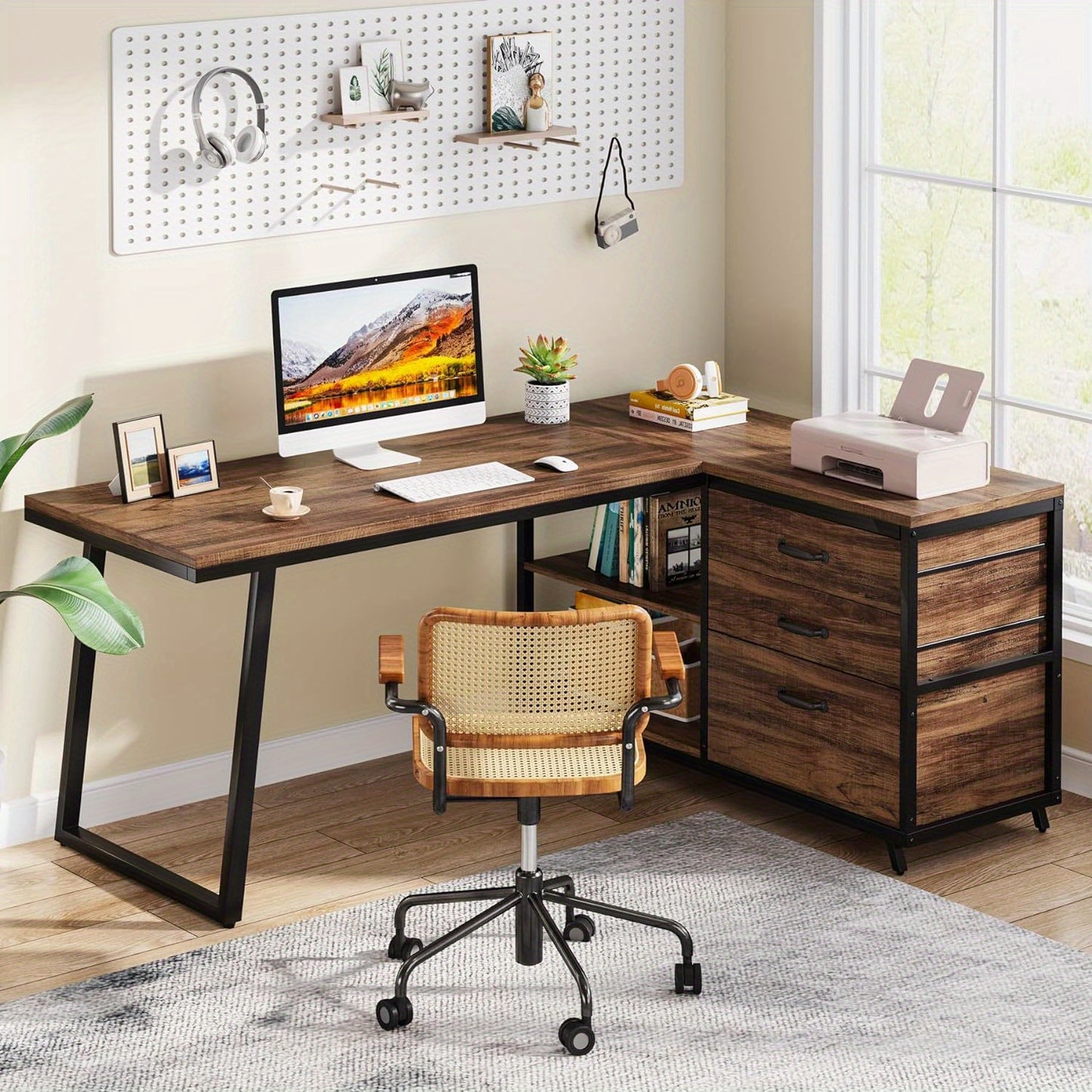 L-vormig bureau – Hoekbureau – Computerbureau – Thuiswerkbureau – Studiebureau – Industrieel ontwerp – Omkeerbaar ontwerp – Stevig metalen frame – Opbergruimte met 3 laden