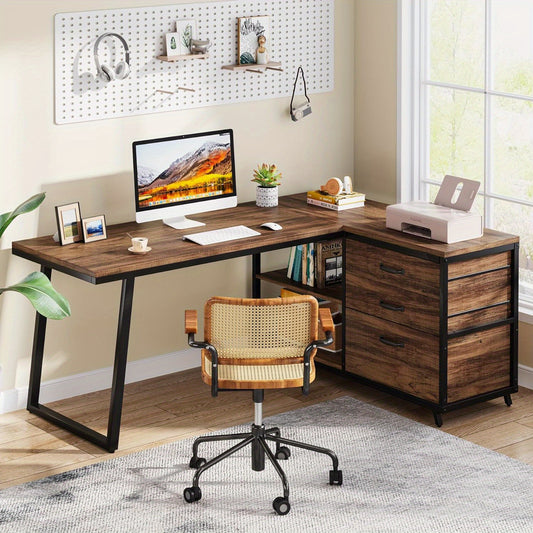 L-vormig Bureau – Hoekbureau – Computertafel – Werkplek – Studiebureau – Industrieel Ontwerp – 3 Lades + Verstelbare Planken – Duurzaam Metalen Frame - Rustiek Bruin
