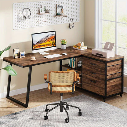 Hoekbureau – L-vormig Bureau – Computerbureau – Bureau Gaming – Werkplek Meubel – Industrieel Design – 134 cm Breed – Verstelbare Pootjes & 3 Lades Met Opbergruimte