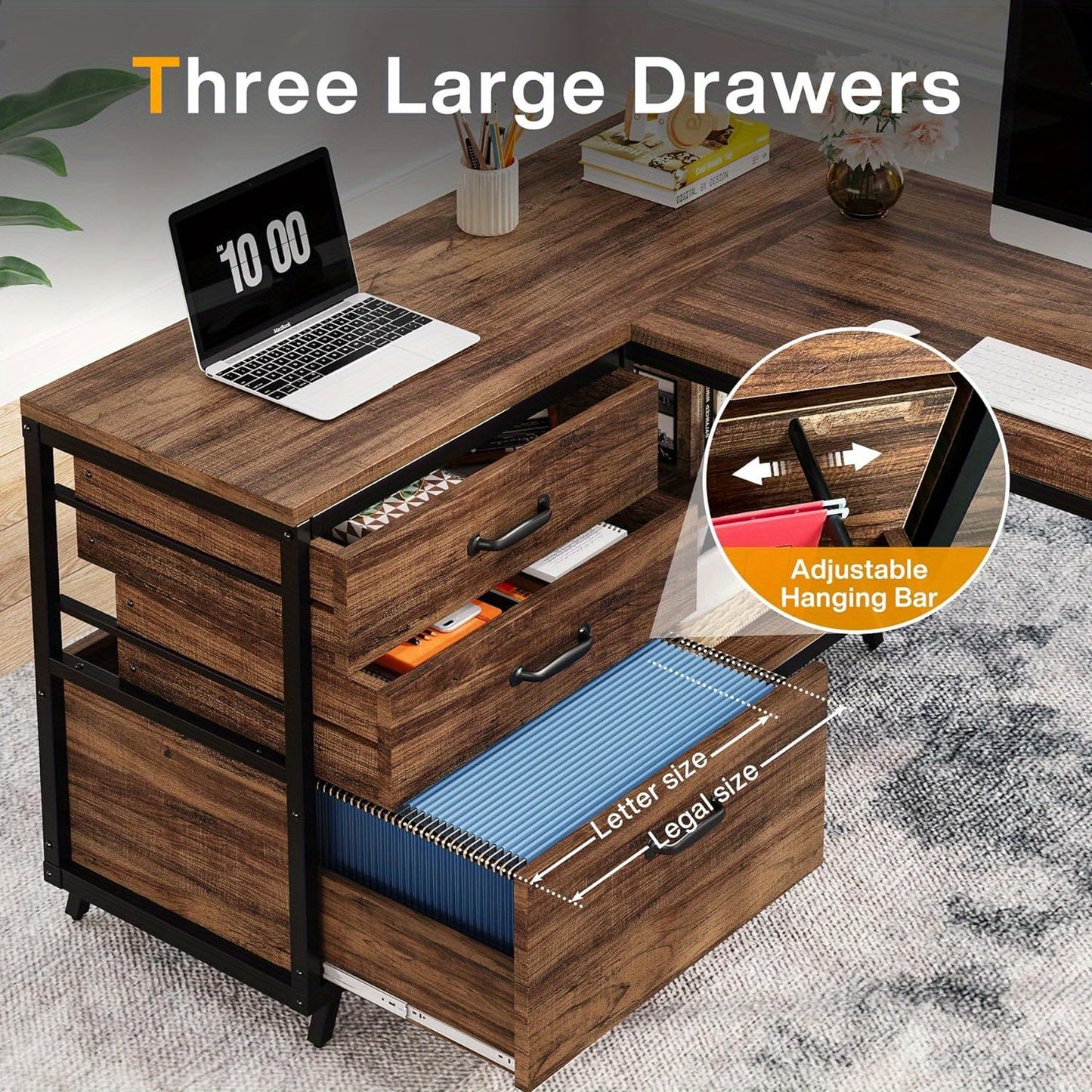 L-vormig bureau – Hoekbureau – Computerbureau – Thuiswerkbureau – Studiebureau – Industrieel ontwerp – Omkeerbaar ontwerp – Stevig metalen frame – Opbergruimte met 3 laden