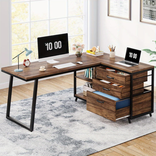L-vormig bureau – Hoekbureau – Computerbureau – Thuiswerkbureau – Studiebureau – Industrieel ontwerp – Omkeerbaar ontwerp – Stevig metalen frame – Opbergruimte met 3 laden