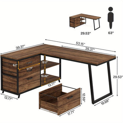 L-vormig Bureau – Hoekbureau – Computertafel – Werkplek – Studiebureau – Industrieel Ontwerp – 3 Lades + Verstelbare Planken – Duurzaam Metalen Frame - Rustiek Bruin
