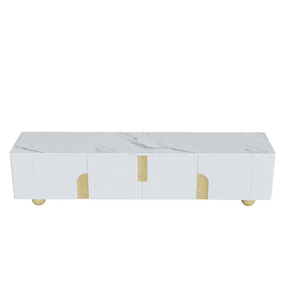 White TV Cabinet 180cm | Four-Door Design, Elegant Silhouette, Marble-Effect Textured Surface, Spherical Wooden Base, Metal Material