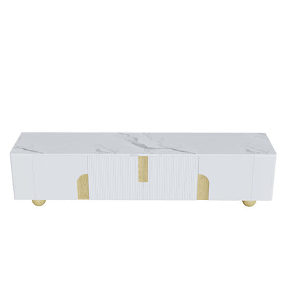 White TV Cabinet 180cm | Four-Door Design, Elegant Silhouette, Marble-Effect Textured Surface, Spherical Wooden Base, Metal Material
