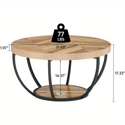 Ronde Salontafel – Koffietafel – Bijzettafel – Tafel – Woonkamertafel – Houtnerf Uitvoering – 2 Ladeplateaus – Ruim Opbergvlak – Metalen Frame – 80,5 cm Diameter – Eenvoudige Montage