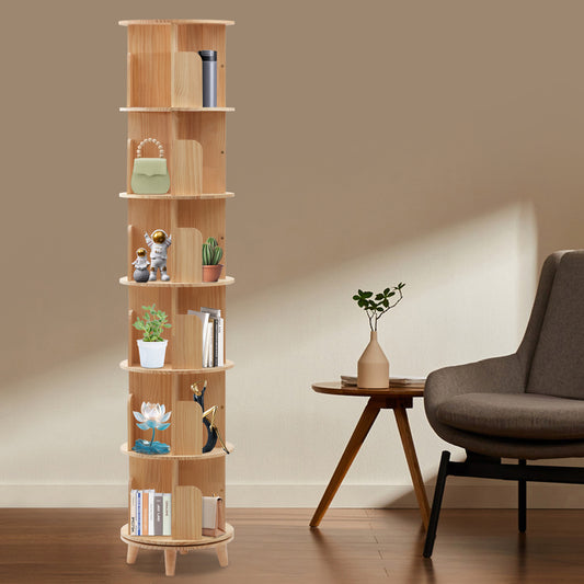 6-Tier Rotating Bookshelf - 360° Rotating Wooden Cylindrical Shelf, Freestanding Floor Standing Storage Display Holder for Books, Precious Souvenirs, Displays - No Assembly Required, Mixed Colors, Bookshelf Decorations, Disp