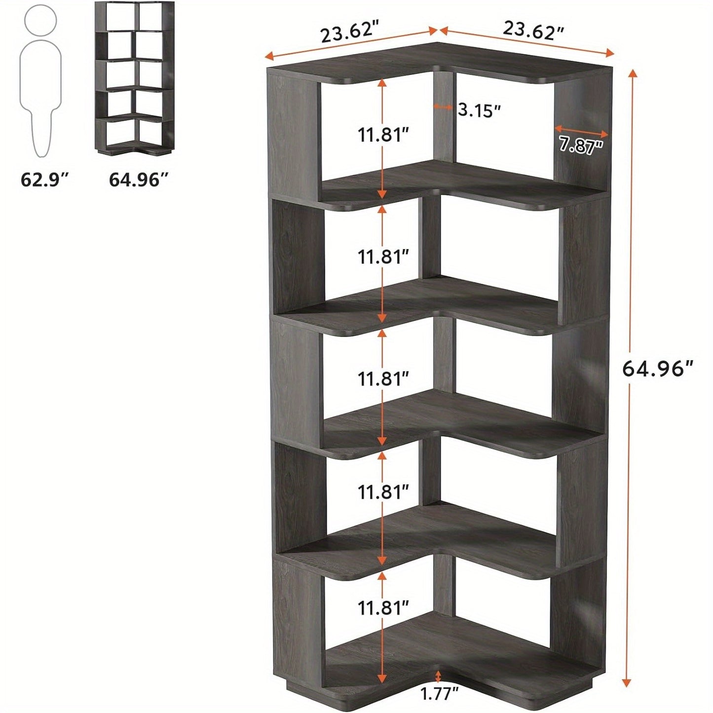 Hoekboekenkast – Hoekrek – Boekenplank – Opbergkast – Displaykast – 6 Vakken – Anti-Drop Panel – Modern Donkergrijs – Industrieel Design – 165 cm Hoog