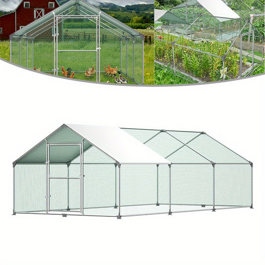 Galvanised Chicken Coop Outdoor Run with Lock, Steel Small Animal Hutch, Outdoor Enclosure, Chicken House, Roofed Poultry Hutch for Chicken, Bird, Cage, Small Animals Cage (3x6m)