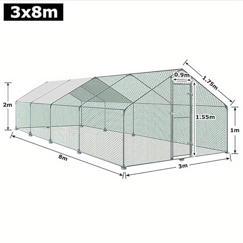 Galvanised Steel Chicken Coop Outdoor Run with Lock, Small Animal Hutch, Outdoor Enclosure, Chicken House, Roofed Poultry Hutch for Chicken, Bird, Cage, Small Animals Cage (3x8m)