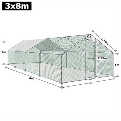 Galvanised Steel Chicken Coop Outdoor Run with Lock, Small Animal Hutch, Outdoor Enclosure, Chicken House, Roofed Poultry Hutch for Chicken, Bird, Cage, Small Animals Cage (3x8m)