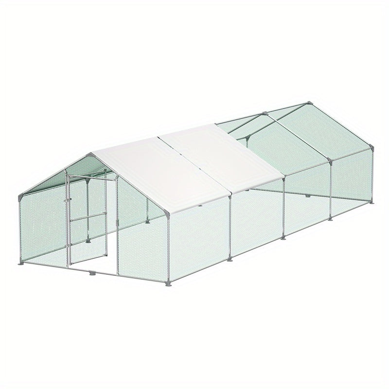 Galvanised Steel Chicken Coop Outdoor Run with Lock, Small Animal Hutch, Outdoor Enclosure, Chicken House, Roofed Poultry Hutch for Chicken, Bird, Cage, Small Animals Cage (3x8m)