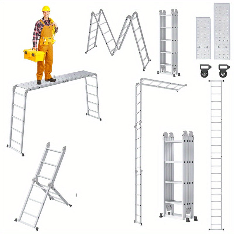 6 in 1 ladder multi-purpose ladder aluminum with platform 3. 4/4. 7/5. 5m multifunctional folding ladder work ladder household ladder up to 150kg, 4x3/4x4/4x5 steps with 2 scaffolding plates
