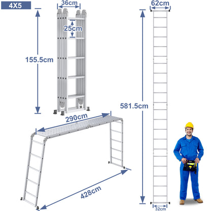 Vouwladder – Multifunctionele Ladder – Klapladder – Huishoudtrap – Werksteiger – 4,7 meter – Aluminium – Draagkracht 150 kg – Inclusief 2 Platformen