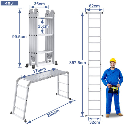 Vouwladder – Multifunctionele Ladder – Klapladder – Huishoudtrap – Werksteiger – 4,7 meter – Aluminium – Draagkracht 150 kg – Inclusief 2 Platformen