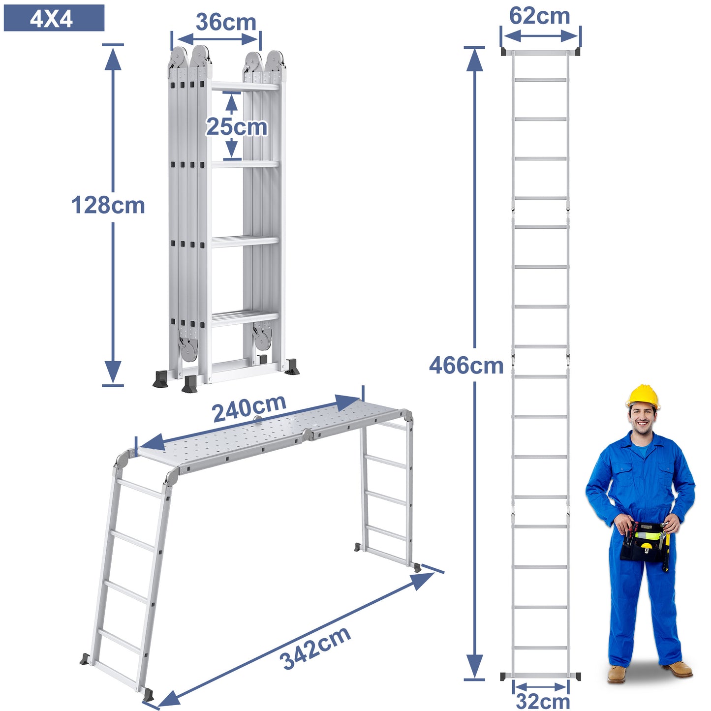 Vouwladder – Multifunctionele Ladder – Klapladder – Huishoudtrap – Werksteiger – 4,7 meter – Aluminium – Draagkracht 150 kg – Inclusief 2 Platformen