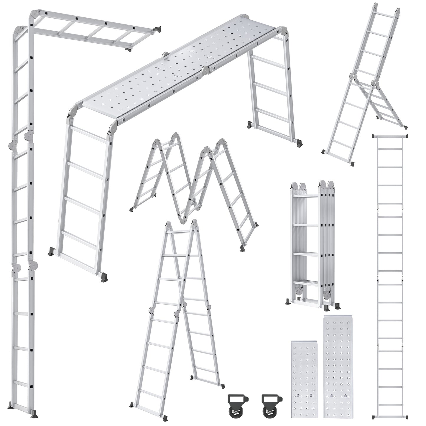 Vouwladder – Multifunctionele Ladder – Klapladder – Huishoudtrap – Werksteiger – 4,7 meter – Aluminium – Draagkracht 150 kg – Inclusief 2 Platformen
