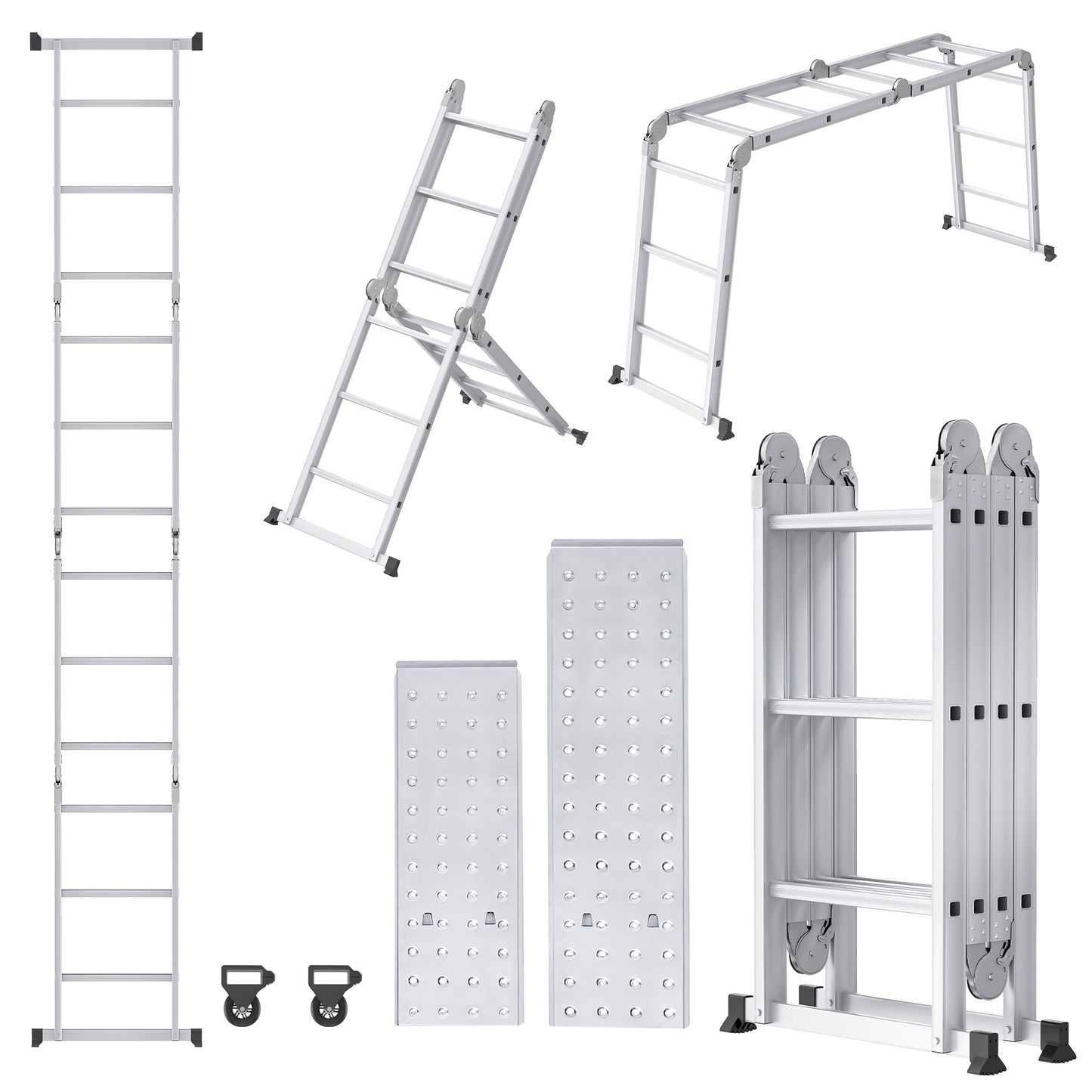 6 in 1 Ladder – Multifunctionele Ladder – Opvouwbare Ladder – Steiger Ladder – Werksteiger – Aluminium – 3,4 Meter – Draagkracht Tot 150 Kg – 4x3 Stappen Met 2 Steigerplaten