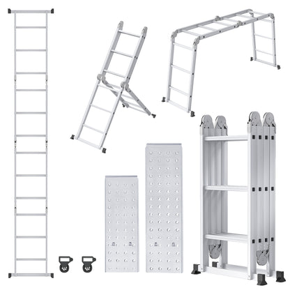 6 in 1 Ladder – Multifunctionele Ladder – Opvouwbare Ladder – Steiger Ladder – Werksteiger – Aluminium – 3,4 Meter – Draagkracht Tot 150 Kg – 4x3 Stappen Met 2 Steigerplaten