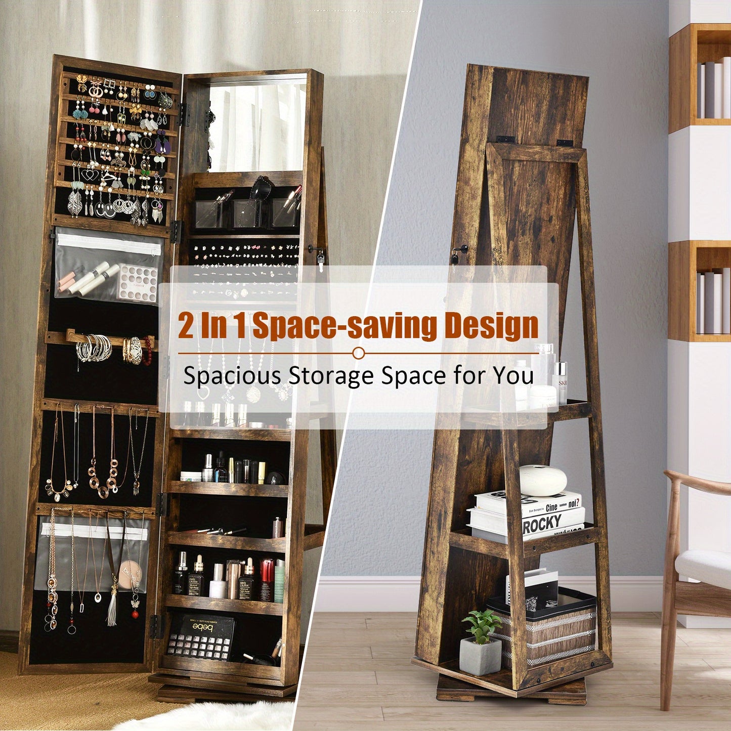 Sieradenkast – Jewelry Organizer – Opbergkast – Make-up Meubel – Rotatiekast – Met Volledige Spiegel – Met Slot – Bruin