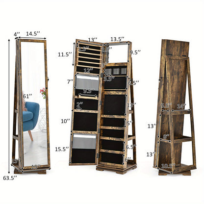 Sieradenkast – Jewelry Organizer – Opbergkast – Make-up Meubel – Rotatiekast – Met Volledige Spiegel – Met Slot – Bruin