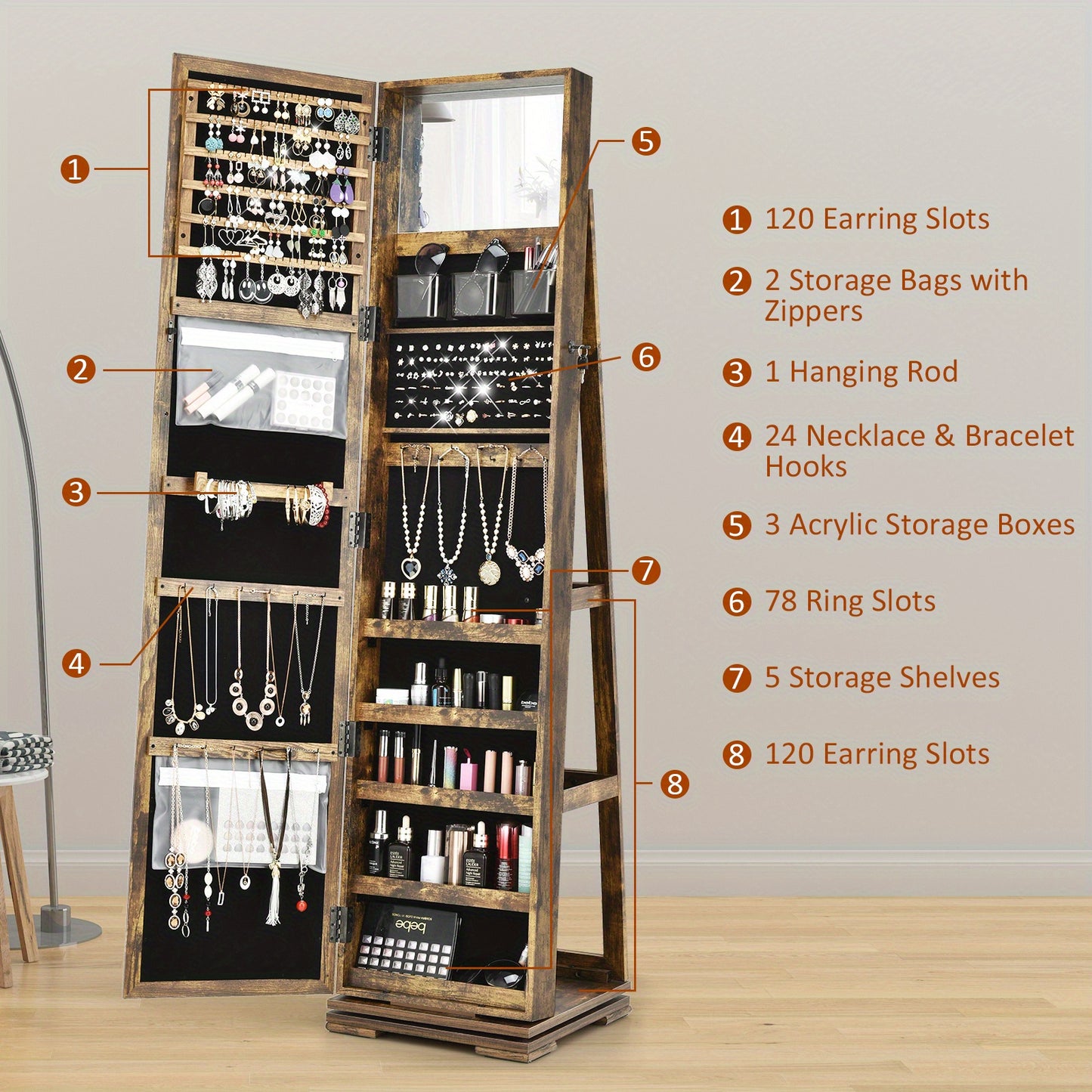 Sieradenkast – Jewelry Organizer – Opbergkast – Make-up Meubel – Rotatiekast – Met Volledige Spiegel – Met Slot – Bruin