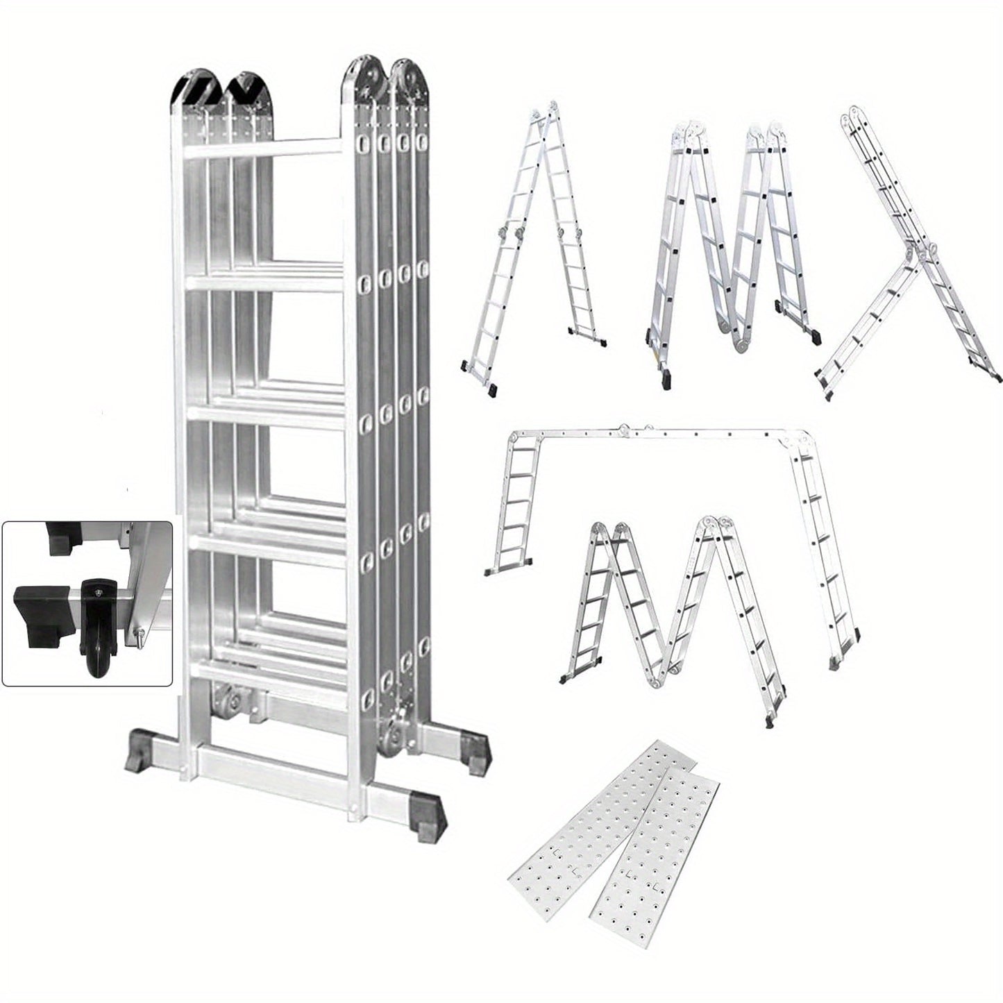 Aluminium Ladder – Vouwladder – Multifunctionele Ladder – Schaarladder – Steigerladder – 4x4 Variant – Max. Belastbaarheid 150 KG – Met 2 Wielen en Platform