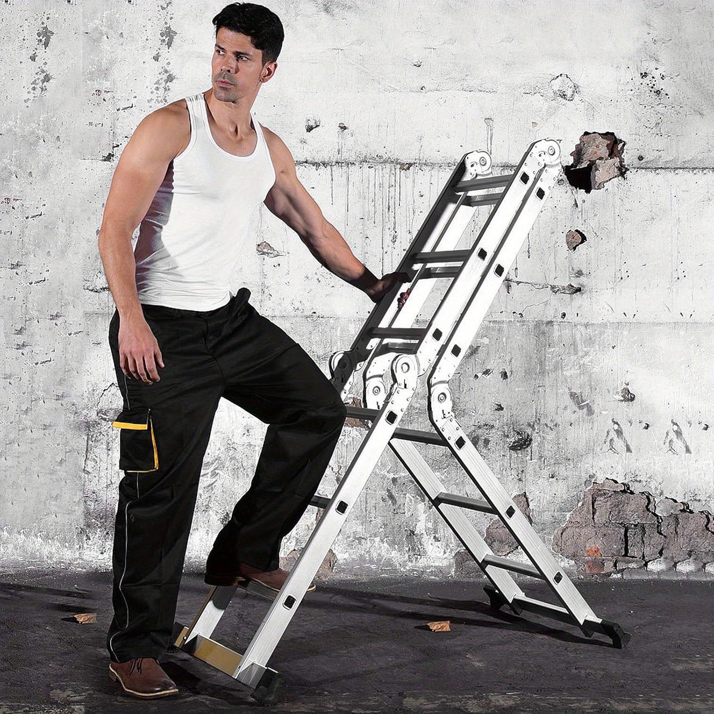 Aluminium Ladder – Vouwladder – Multifunctionele Ladder – Schaarladder – Steigerladder – 4x4 Variant – Max. Belastbaarheid 150 KG – Met 2 Wielen en Platform