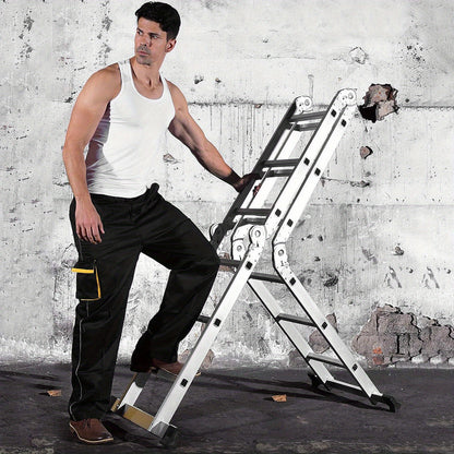 Aluminium Ladder – Vouwladder – Multifunctionele Ladder – Schaarladder – Steigerladder – 4x4 Variant – Max. Belastbaarheid 150 KG – Met 2 Wielen en Platform