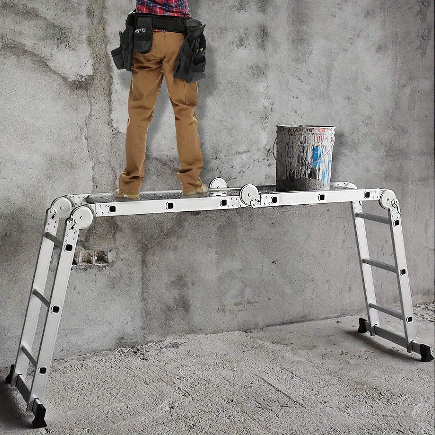 Aluminium Ladder – Vouwladder – Multifunctionele Ladder – Schaarladder – Steigerladder – 4x4 Variant – Max. Belastbaarheid 150 KG – Met 2 Wielen en Platform