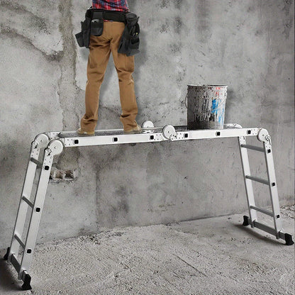 Aluminium Ladder – Vouwladder – Multifunctionele Ladder – Schaarladder – Steigerladder – 4x4 Variant – Max. Belastbaarheid 150 KG – Met 2 Wielen en Platform